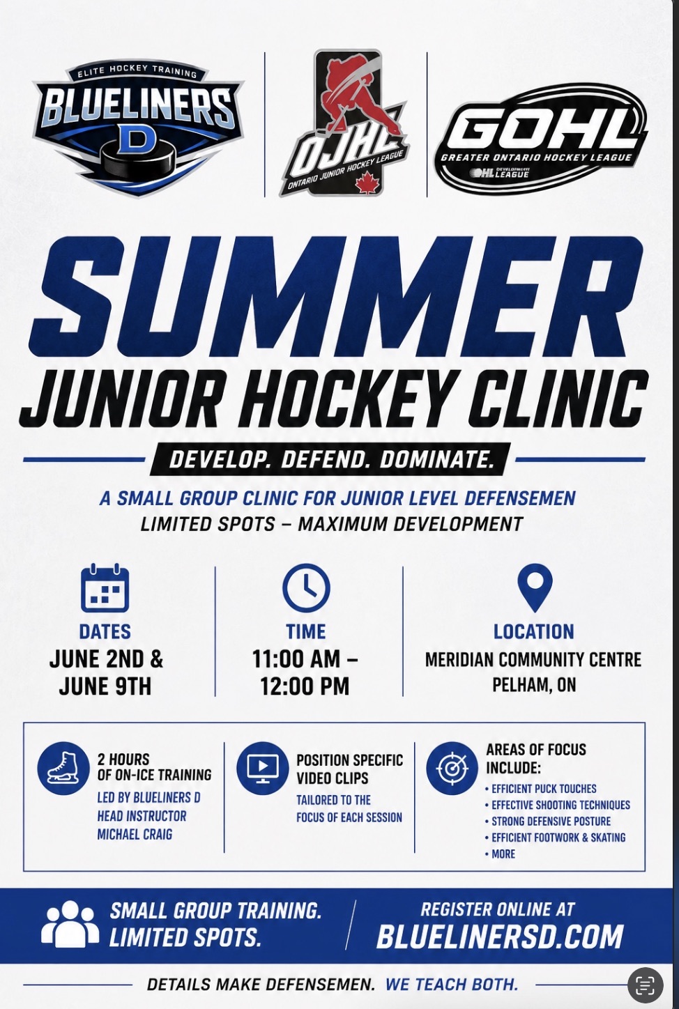 Summer Junior Hockey Clinic flyer — June 2nd & June 9th, 11AM-12PM at Meridian Community Centre in Pelham, ON