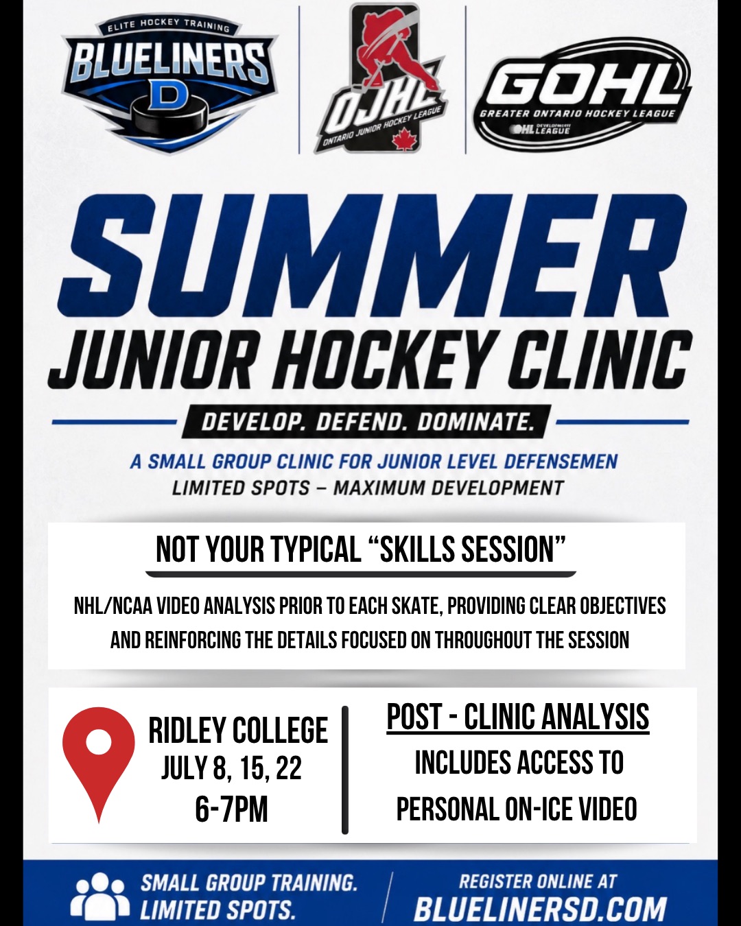Ridley Summer Junior Hockey Clinic flyer — July 8, 15, 22 from 6:00-7:00 PM at Ridley College